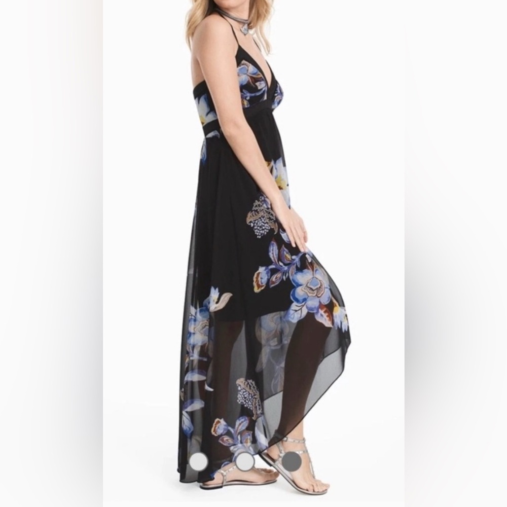 White House Black Market Black Floral Halter Maxi Dress Size 6P - Picture 3 of 4